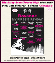 Load image into Gallery viewer, Pink Dirt Bike Birthday Party Sign Stats Poster Flat Frameable Chalkboard Milestone Black Girl 1st 2nd Boogie Bear Invitations Roxanne Theme