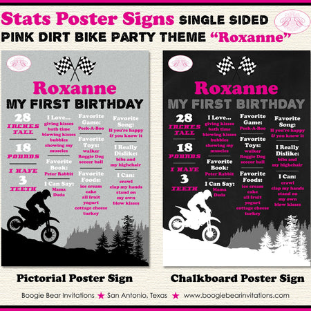 Pink Dirt Bike Birthday Party Sign Stats Poster Flat Frameable Chalkboard Milestone Black Girl 1st 2nd Boogie Bear Invitations Roxanne Theme