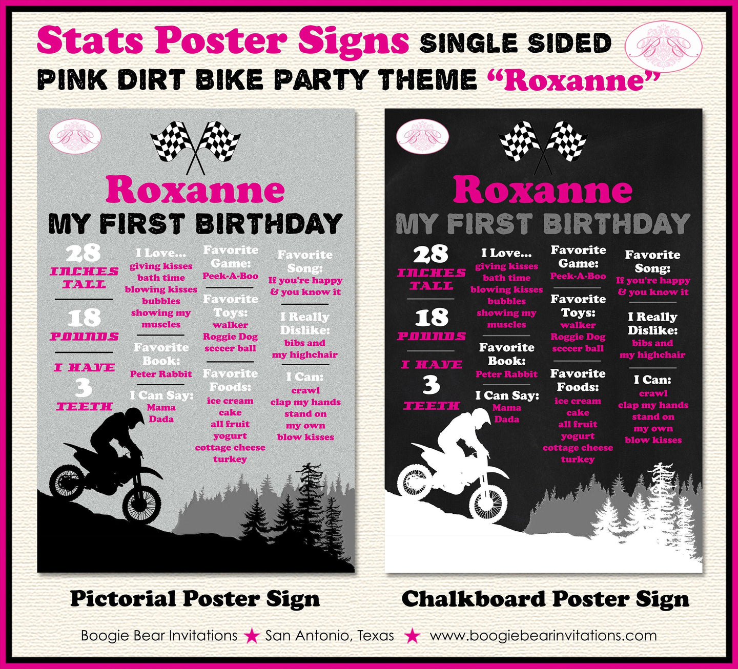 Pink Dirt Bike Birthday Party Sign Stats Poster Flat Frameable Chalkboard Milestone Black Girl 1st 2nd Boogie Bear Invitations Roxanne Theme