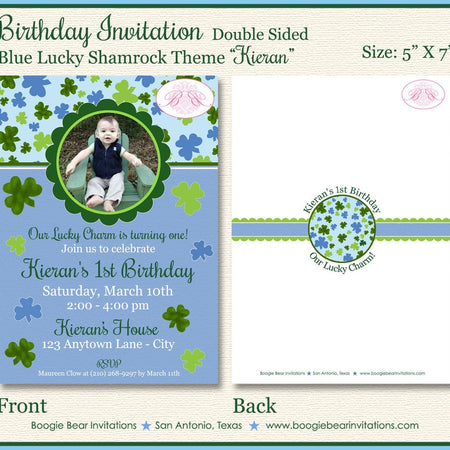 St. Patrick's Birthday Party Invitation Photo Shamrock Boy Blue Clover Boogie Bear Invitations Kieran Theme Paperless Printable Printed