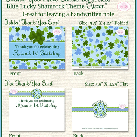 Blue Lucky Charm Party Thank You Card Birthday St. Patrick's Day Green Shamrock Clover Luck Boy Boogie Bear Invitations Kieran Theme Printed
