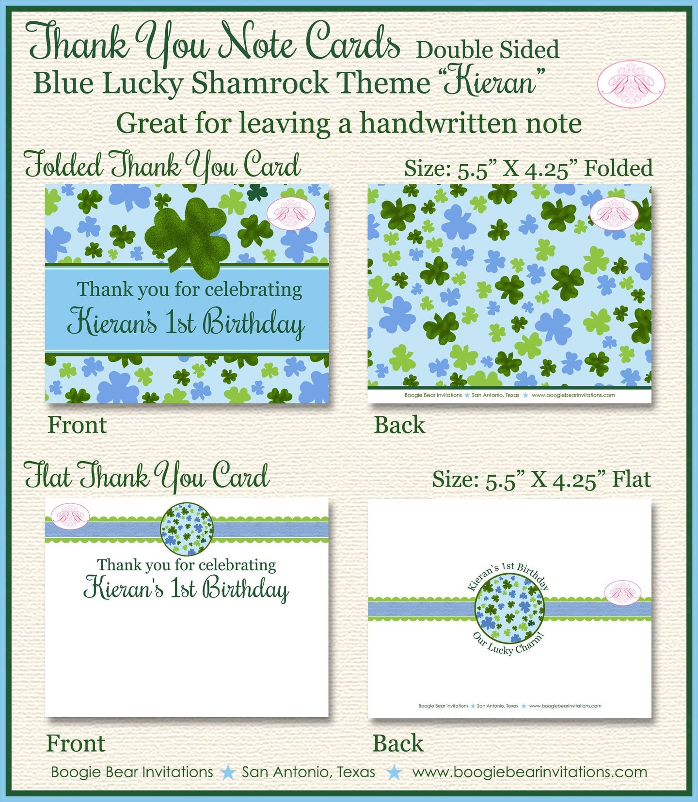 Blue Lucky Charm Party Thank You Card Birthday St. Patrick's Day Green Shamrock Clover Luck Boy Boogie Bear Invitations Kieran Theme Printed