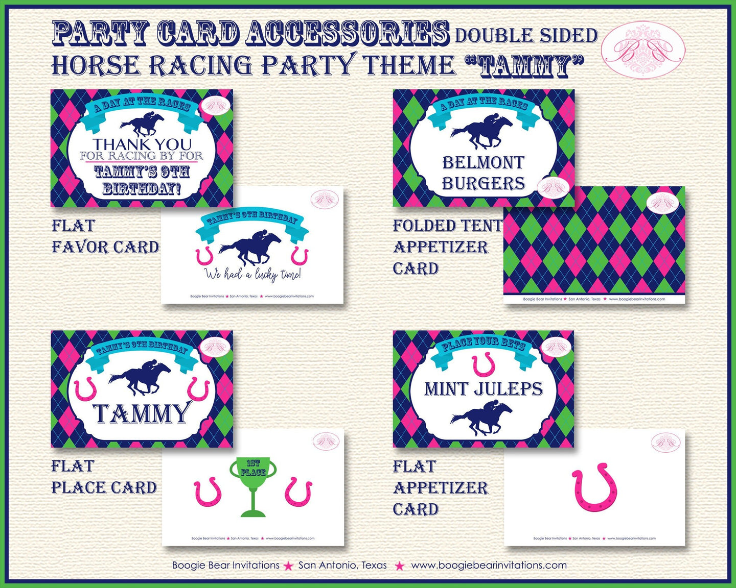 Pink Horse Racing Birthday Party Favor Card Tent Appetizer Place Sign Girl Kentucky Derby Race Jockey Boogie Bear Invitations Tammy Theme