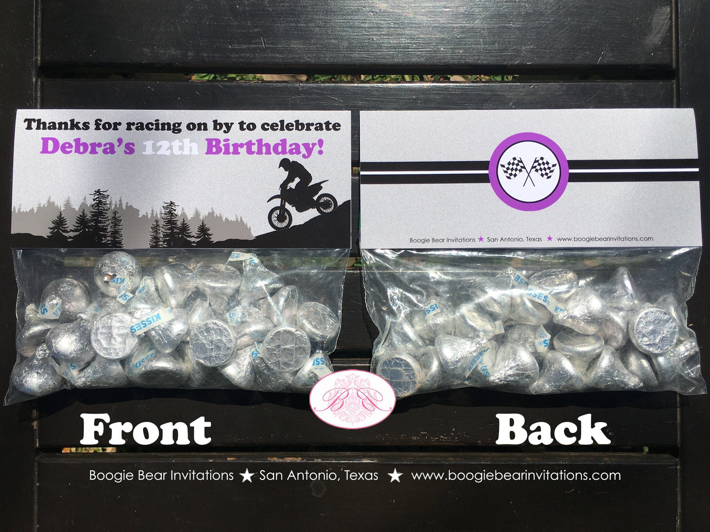 Purple Dirt Bike Party Treat Bag Toppers Birthday Folded Favor Girl Enduro Motocross Racing Race Track Boogie Bear Invitations Debra Theme