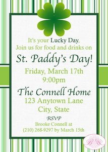 St. Patrick's Day Party Invitation Green Stripes Shamrock Lucky Irish 1st Boogie Bear Invitations Connell Theme Paperless Printable Printed
