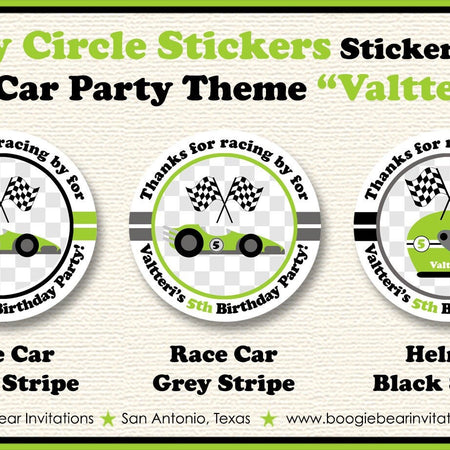 Race Car Birthday Party Circle Stickers Sheet Round Lime Green Racing Grand Prix Race Track Boy Girl Boogie Bear Invitations Valtteri Theme