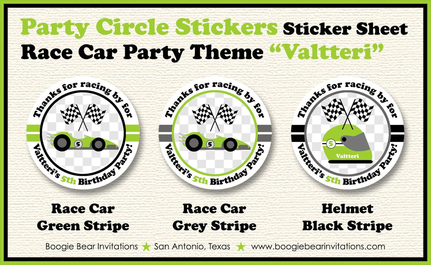 Race Car Birthday Party Circle Stickers Sheet Round Lime Green Racing Grand Prix Race Track Boy Girl Boogie Bear Invitations Valtteri Theme