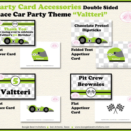 Race Car Birthday Party Favor Card Tent Appetizer Place Lime Green Boy Girl Racing Driver Kid Boogie Bear Invitations Valtteri Theme Printed