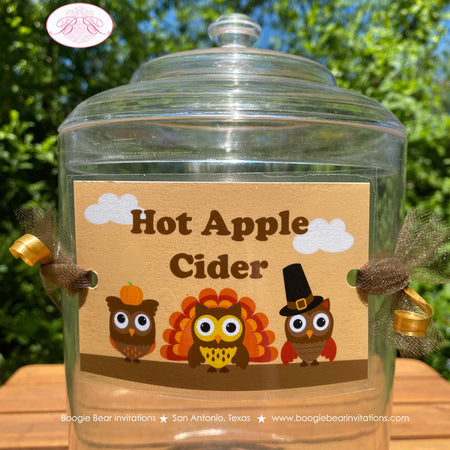 Thanksgiving Owls Party Beverage Card Wrap Drink Label Sign Birthday Boy Girl Fall Harvest Pumpkin Bird Boogie Bear Invitations Rylan Theme
