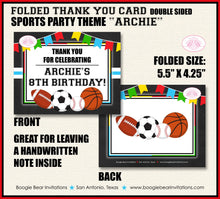 Load image into Gallery viewer, Sports Birthday Party Thank You Card Boy Girl Chalkboard Basketball Football Soccer Baseball Boogie Bear Invitations Archie Theme Printed