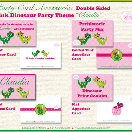 Pink Dinosaur Birthday Favor Party Card Tent Place Food Appetizer Folded Tag Green Jurassic Stomp Girl Boogie Bear Invitations Claudia Theme