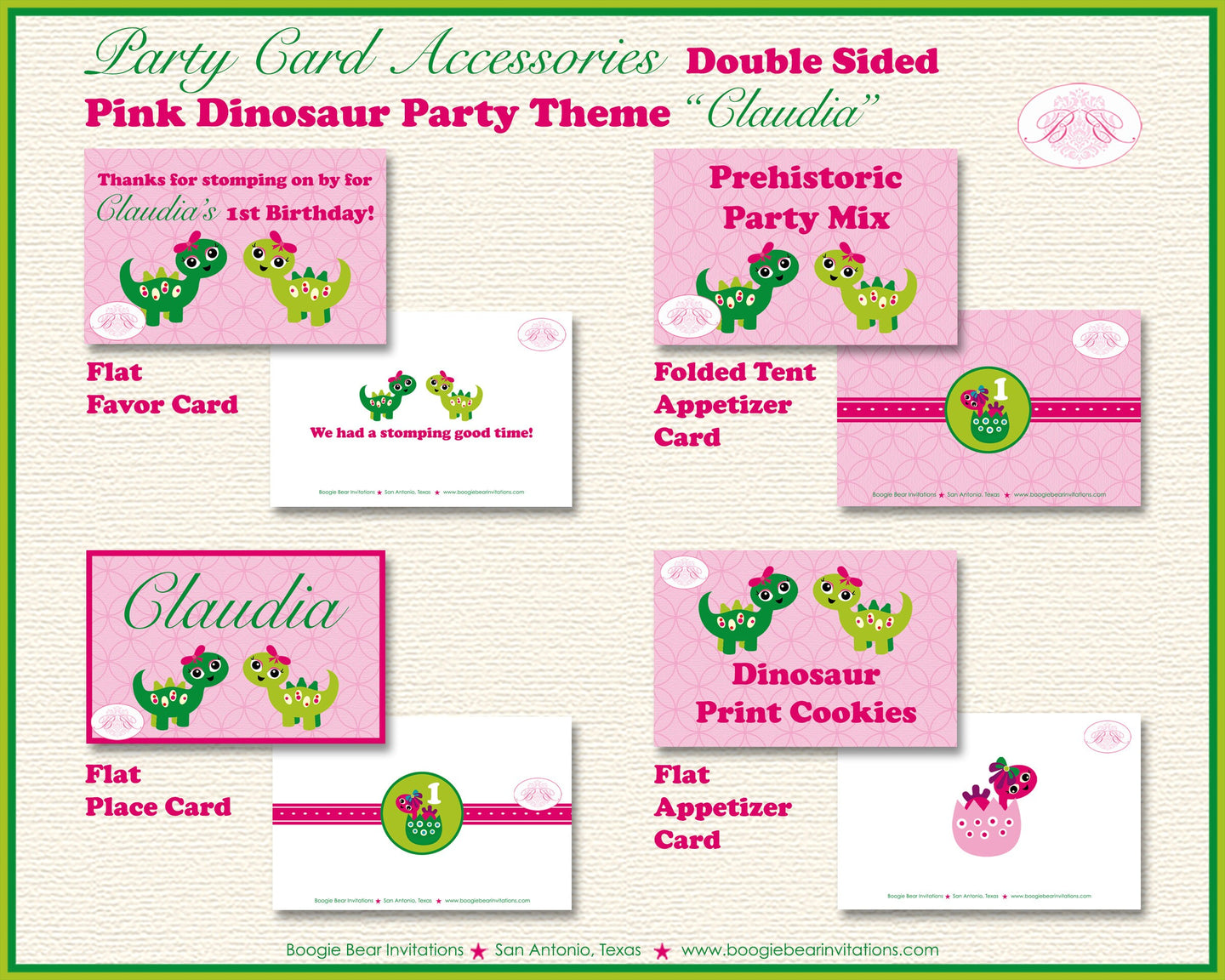 Pink Dinosaur Birthday Favor Party Card Tent Place Food Appetizer Folded Tag Green Jurassic Stomp Girl Boogie Bear Invitations Claudia Theme