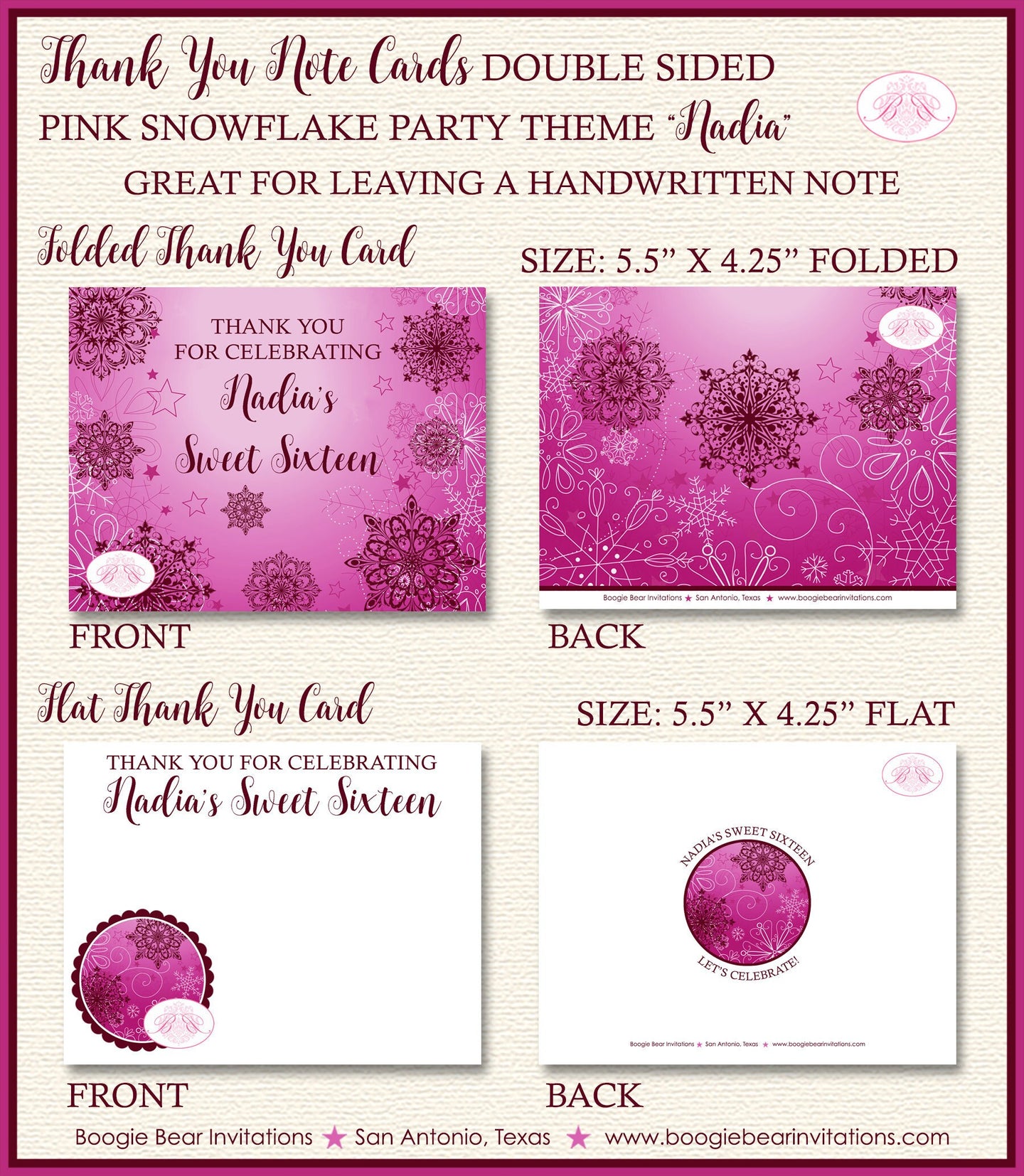 Winter Snowflake Party Thank You Cards Sweet 16 Pink Red Birthday Ombre Christmas Snow Formal Boogie Bear Invitations Nadia Theme Printed
