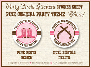 Pink Cowgirl Baby Shower Party Stickers Circle Sheet Round Girl Birthday Brown Boots Guns Pistol 1st Boogie Bear Invitations Sherie Theme