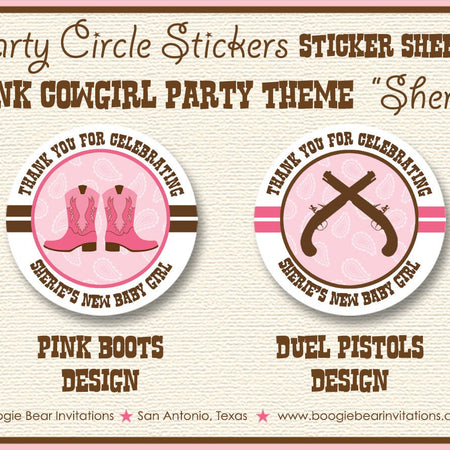 Pink Cowgirl Baby Shower Party Stickers Circle Sheet Round Girl Birthday Brown Boots Guns Pistol 1st Boogie Bear Invitations Sherie Theme
