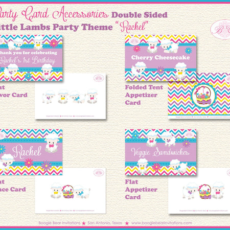 Spring Lambs Birthday Favor Party Card Tent Place Food Appetizer Folded Tag Sheep Girl Garden Picnic Boogie Bear Invitations Rachel Theme