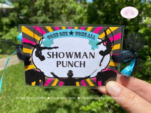 Pink Circus Showman Party Beverage Card Wrap Drink Label Birthday Animals Acrobat Carnival Blue Girl Boogie Bear Invitations Phyllis Theme