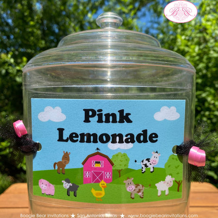 Pink Farm Animals Party Beverage Card Wrap Drink Label Sign Girl Birthday Barn Country Horse Cow Sheep Boogie Bear Invitations Paisley Theme
