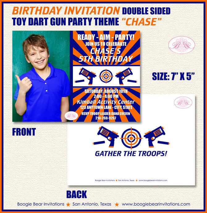 Toy Dart Gun Photo Birthday Party Invitation Target Practice Orange Blue Boy Boogie Bear Invitations Chase Theme Paperless Printable Printed