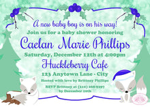 Load image into Gallery viewer, Blue Winter Fox Baby Shower Invitation Woodland Christmas Boy Snow Holiday Boogie Bear Invitations Caelan Theme Paperless Printable Printed