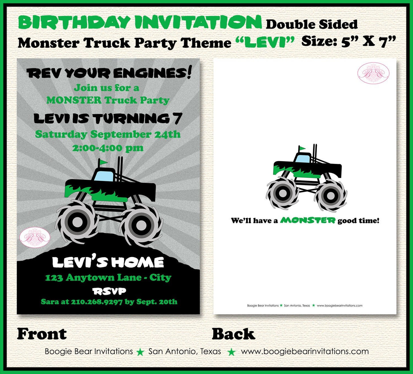 Monster Truck Birthday Party Invitation Green Boy Girl Event Show Arena Rally Boogie Bear Invitations Levi Theme Paperless Printable Printed