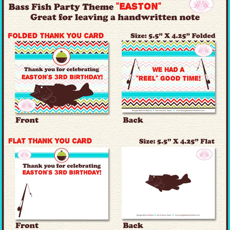 Bass Fish Fishing Birthday Thank You Card Party Red Green Blue Camping Rustic Rod Reel Boy Girl Boogie Bear Invitations Easton Theme Printed