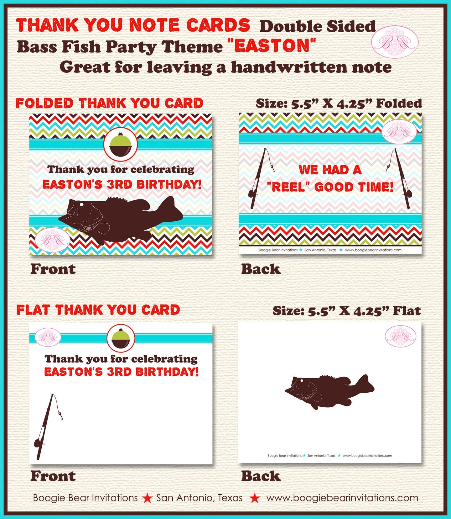 Bass Fish Fishing Birthday Thank You Card Party Red Green Blue Camping Rustic Rod Reel Boy Girl Boogie Bear Invitations Easton Theme Printed