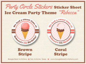Ice Cream Birthday Party Stickers Circle Sheet Round Girl Sweet Pink Coral Popsicle Vintage Polka Dot Boogie Bear Invitations Rebecca Theme