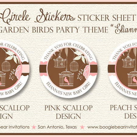 Bird Flower Garden Party Stickers Circle Baby Shower Sheet Round Pink Birdcage Brown Girl Tag Birthday Boogie Bear Invitations Elianna Theme