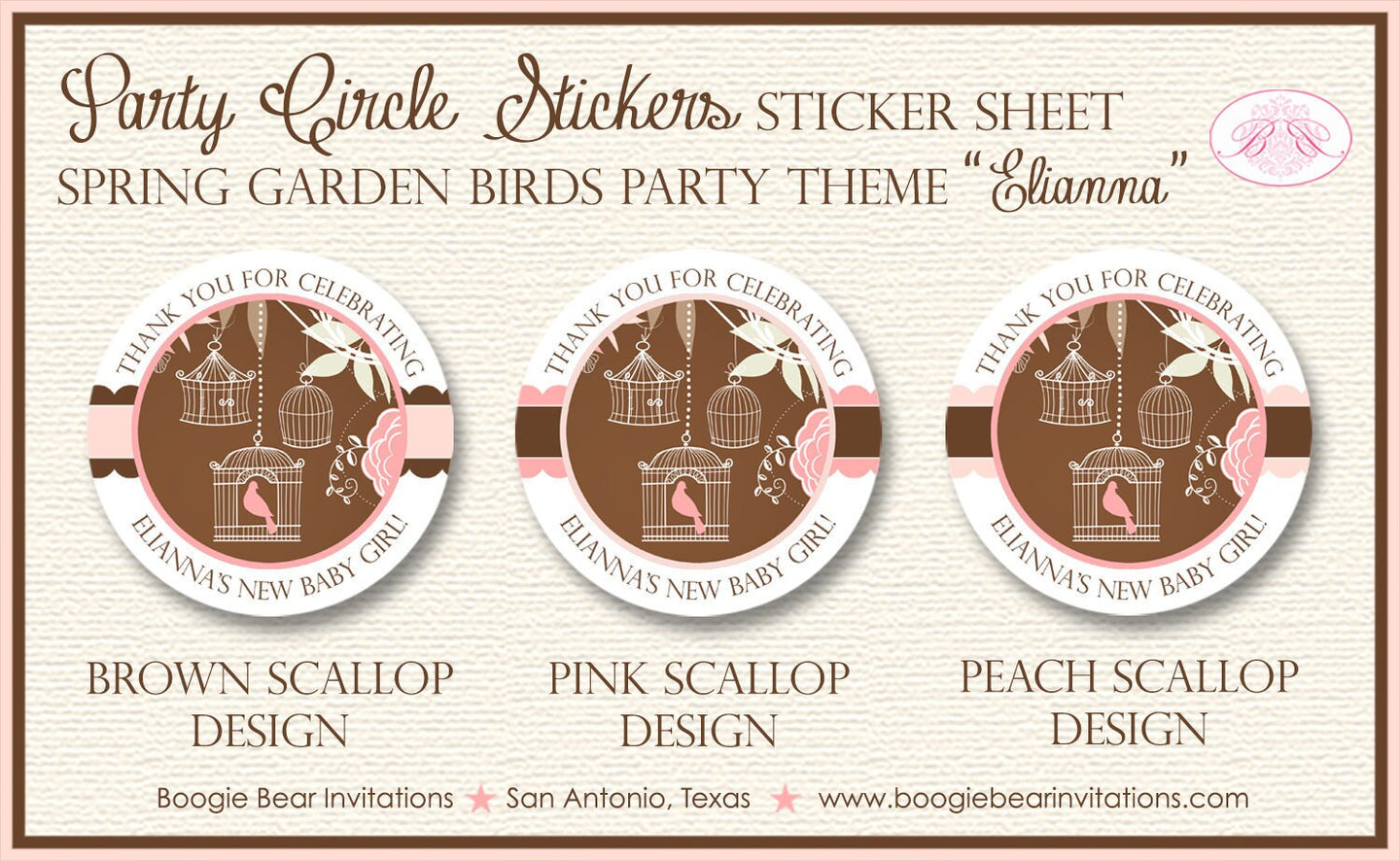 Bird Flower Garden Party Stickers Circle Baby Shower Sheet Round Pink Birdcage Brown Girl Tag Birthday Boogie Bear Invitations Elianna Theme