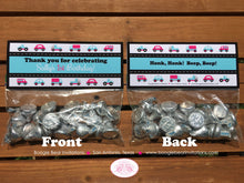 Load image into Gallery viewer, Pink Cars Trucks Birthday Party Treat Bag Toppers Folded Favor Girl Turquoise Blue 1st 2nd 3rd 4th 5th Boogie Bear Invitations Sally Theme