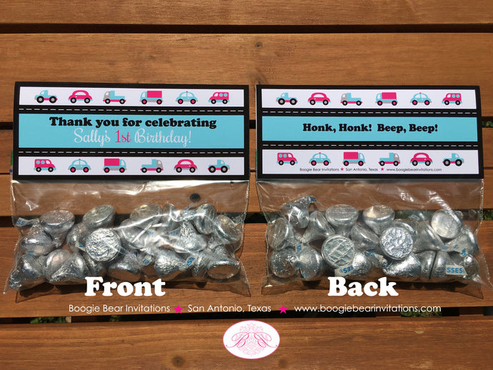 Pink Cars Trucks Birthday Party Treat Bag Toppers Folded Favor Girl Turquoise Blue 1st 2nd 3rd 4th 5th Boogie Bear Invitations Sally Theme