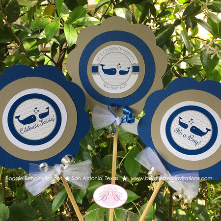 Blue Whale Baby Shower Centerpiece Set Boy Grey White Chevron Navy Royal Scallop Ribbon Pool Swim Party Boogie Bear Invitations Kristy Theme