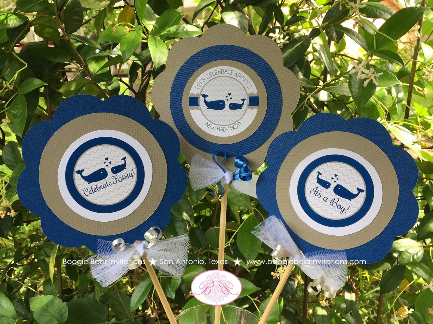 Blue Whale Baby Shower Centerpiece Set Boy Grey White Chevron Navy Royal Scallop Ribbon Pool Swim Party Boogie Bear Invitations Kristy Theme