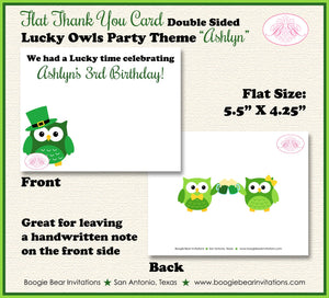 St. Patrick's Day Owls Party Thank You Card Birthday Girl Boy Green Shamrock 4 Leaf Clover Luck Boogie Bear Invitations Ashlyn Theme Printed