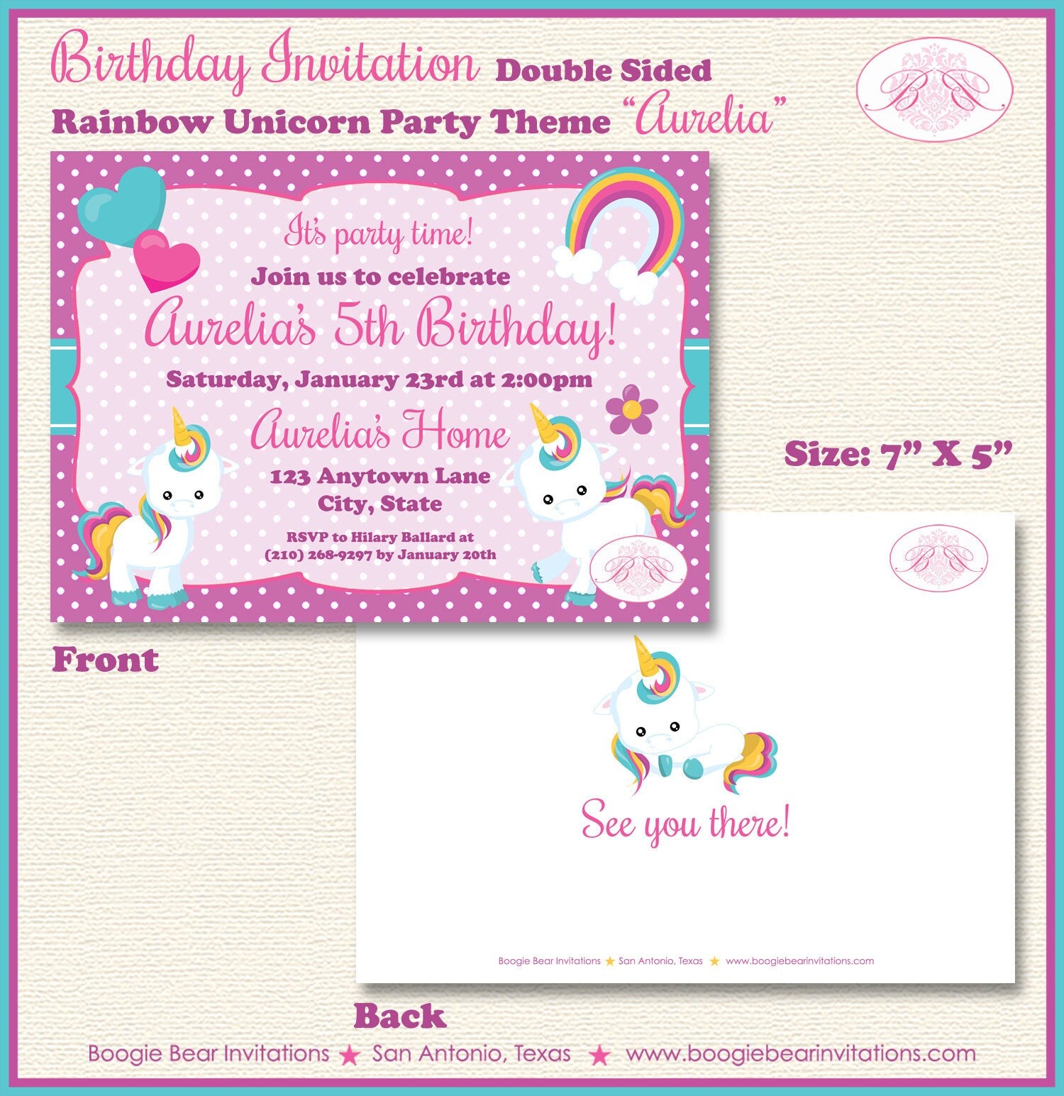 Rainbow Unicorn Birthday Party Invitation Girl Purple Pink Hors Pony H –  Boogie Bear Invitations, image size:1500x1545