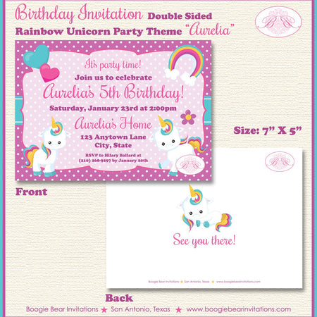 Rainbow Unicorn Birthday Party Invitation Girl Purple Pink Hors Pony Heart Boogie Bear Invitations Aurelia Theme Paperless Printable Printed