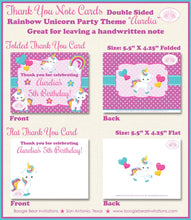 Load image into Gallery viewer, Rainbow Unicorn Party Thank You Card Birthday Girl Pink Blue Purple Pony Horse Heart Flower Boogie Bear Invitations Aurelia Theme Printed