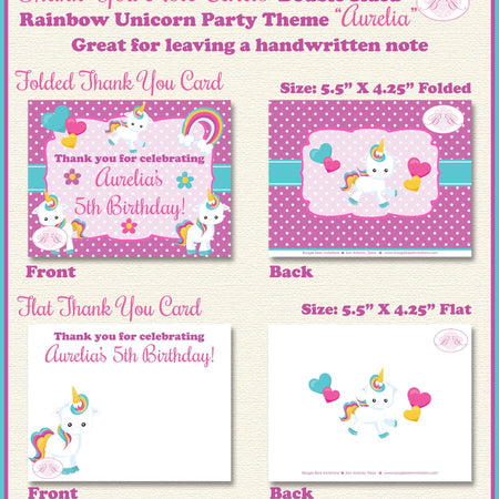 Rainbow Unicorn Party Thank You Card Birthday Girl Pink Blue Purple Pony Horse Heart Flower Boogie Bear Invitations Aurelia Theme Printed