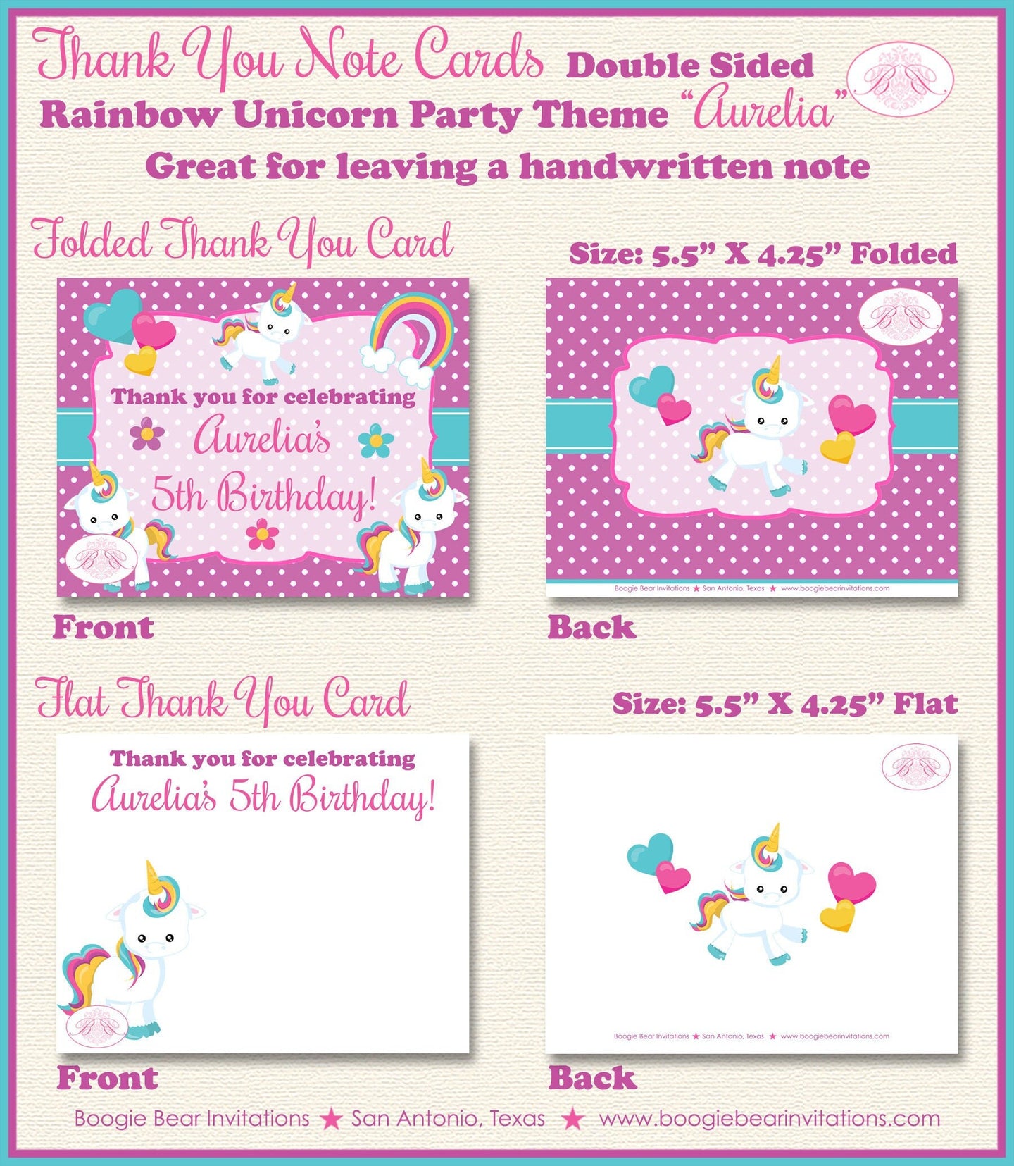 Rainbow Unicorn Party Thank You Card Birthday Girl Pink Blue Purple Pony Horse Heart Flower Boogie Bear Invitations Aurelia Theme Printed