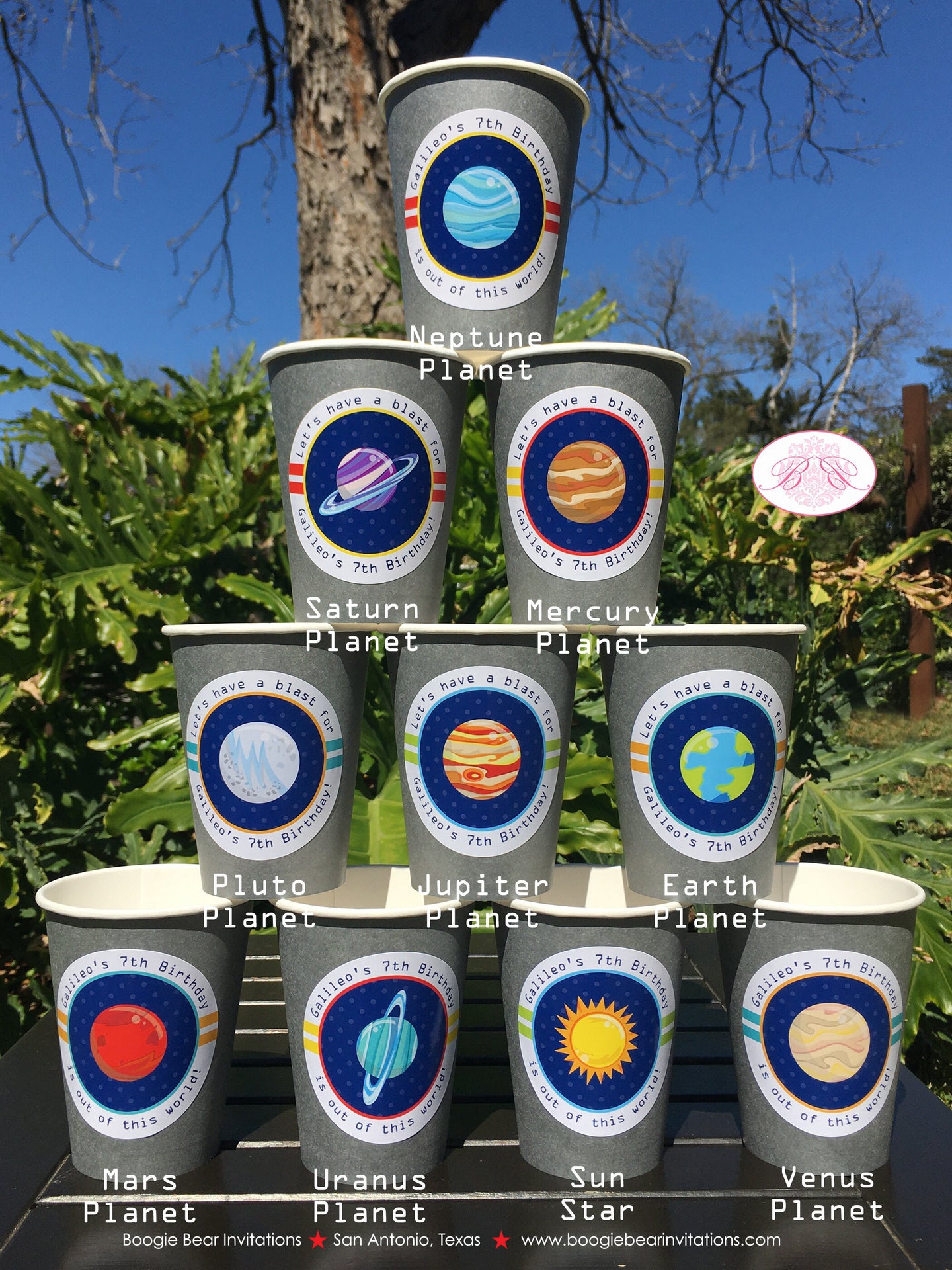 Outer Space Birthday Party Beverage Cups Paper Drink Birthday Planet Galaxy Solar System Stars Travel Boogie Bear Invitations Galileo Theme