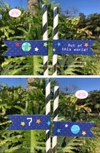 Load image into Gallery viewer, Outer Space Birthday Party Straws Pennant Paper Girl Boy Planets Galaxy Stars Moon Solar System Rocket Boogie Bear Invitations Galileo Theme