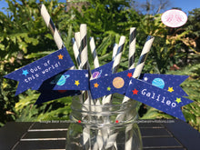 Load image into Gallery viewer, Outer Space Birthday Party Straws Pennant Paper Girl Boy Planets Galaxy Stars Moon Solar System Rocket Boogie Bear Invitations Galileo Theme