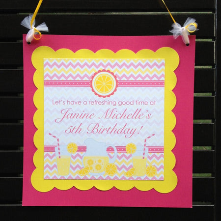 Pink Lemonade Birthday Party Door Banner Stand Girl Chevron Yellow Vintage Country Sweet Lemon Drink Boogie Bear Invitations Janine Theme