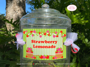 Pink Strawberry Party Beverage Card Wrap Drink Label Sign Birthday Girl Red Green Flower Stripe Berry Boogie Bear Invitations Felicity Theme