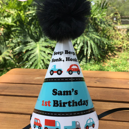 Cars Trucks Birthday Party Hat Boy Girl Red Aqua Blue Black Grey Silver Toy Honk Beep Traffic Travel 1st Boogie Bear Invitations Sam Theme