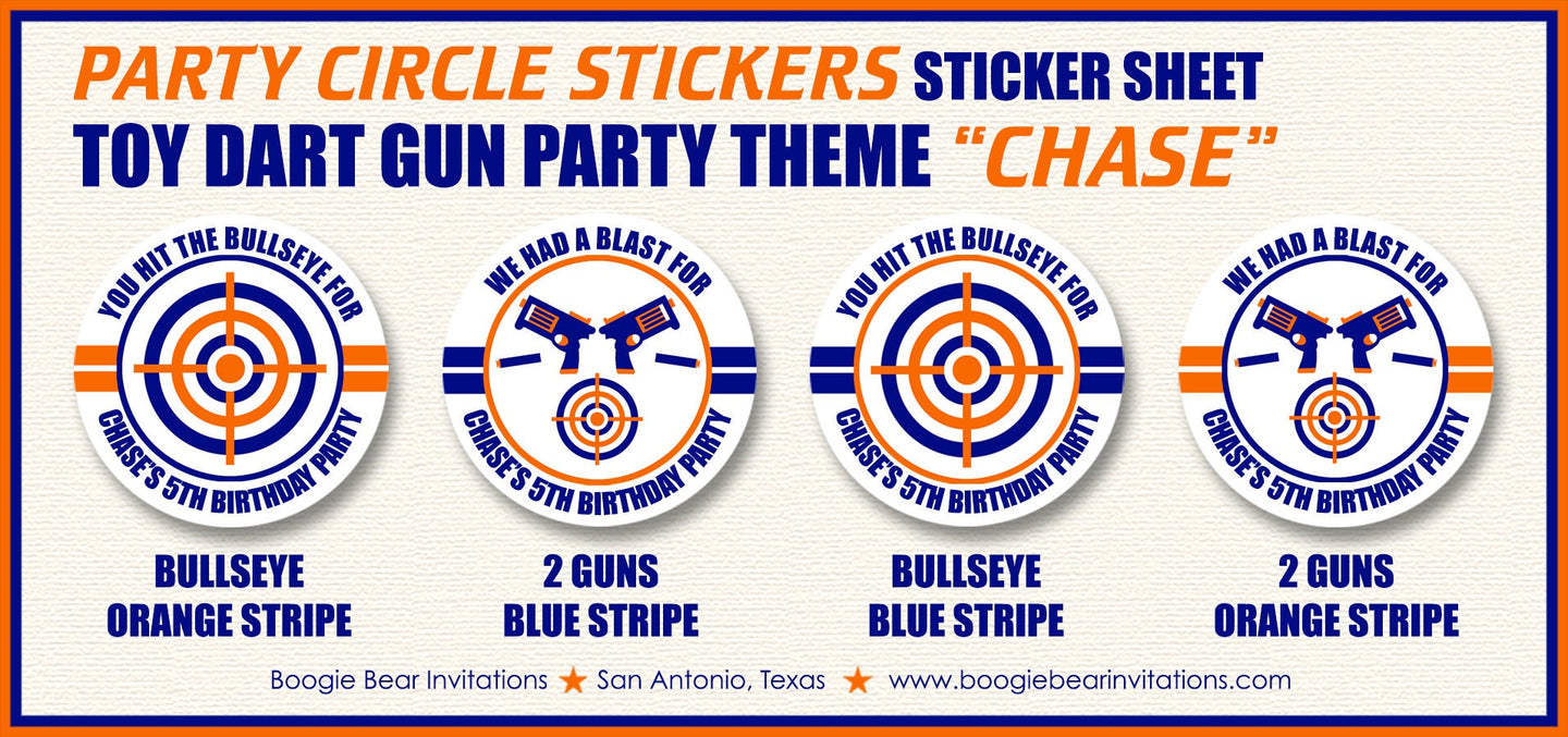 Toy Dart Gun Party Stickers Circle Sheet Birthday Orange Blue Bullseye Foam Target Practice Boy Girl Tag Boogie Bear Invitations Chase Theme