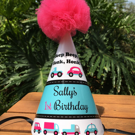 Pink Cars Trucks Birthday Party Hat Girl Aqua Blue Black Grey Silver Toy Honk Beep Traffic Travel 1st Boogie Bear Invitations Sally Theme
