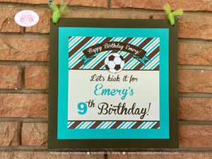 Soccer Door Banner Sign Birthday Party Girl Boy Lime Green Blue Teal Aqua Turquoise Kick It Goal Sports Boogie Bear Invitations Emery Theme
