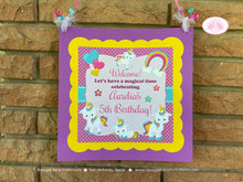 Load image into Gallery viewer, Rainbow Unicorn Birthday Party Door Banner Birthday Girl Pink Blue Yellow Purple Magic Mythology Pony Boogie Bear Invitations Aurelia Theme